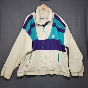 Vintage Wiman Windbreaker Jacket XXL White Turquoise Nylon PPG Made in USA 80s